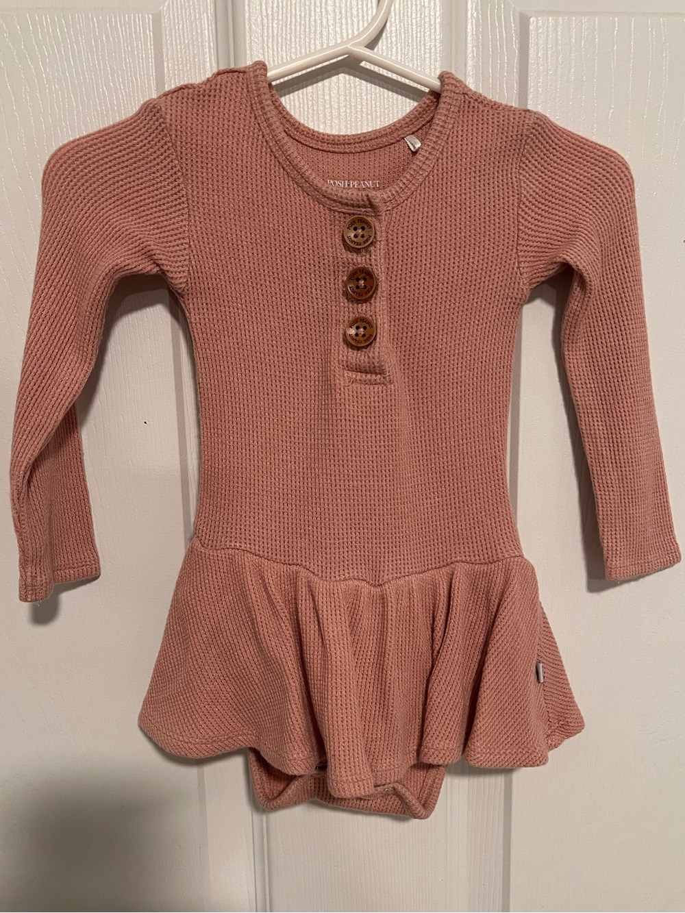 Posh Peanut Pink Waffle-Knit Ruffle Baby Dress Bodysuit Long Sleeve 6-12 Months